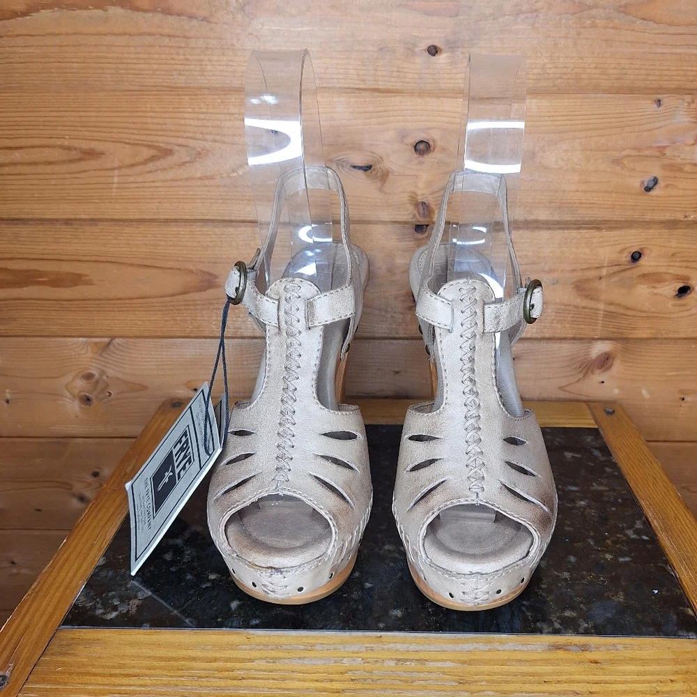 ❤️ FRYE Fran X Stich Platform Heels Brown Leather Wood Sandals Size 6.5 M